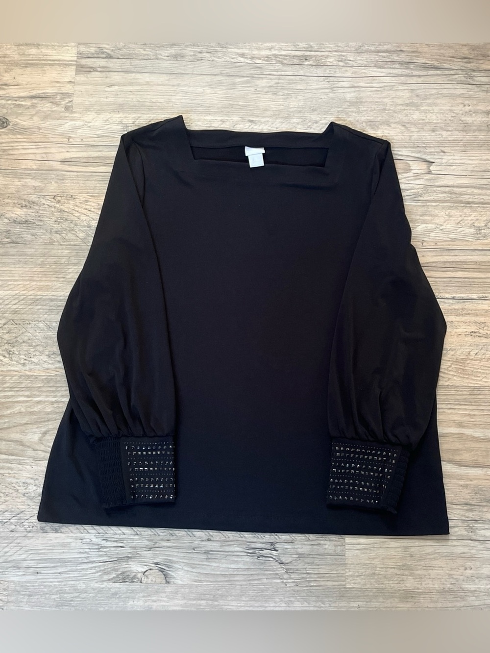 Chico's Square Neck Blouse Size 3 Black Rhinestone Embellished Cuff Holiday XL